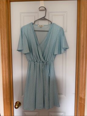 miami Light Blue Polka Dot Wrap Dress with Tie Waist